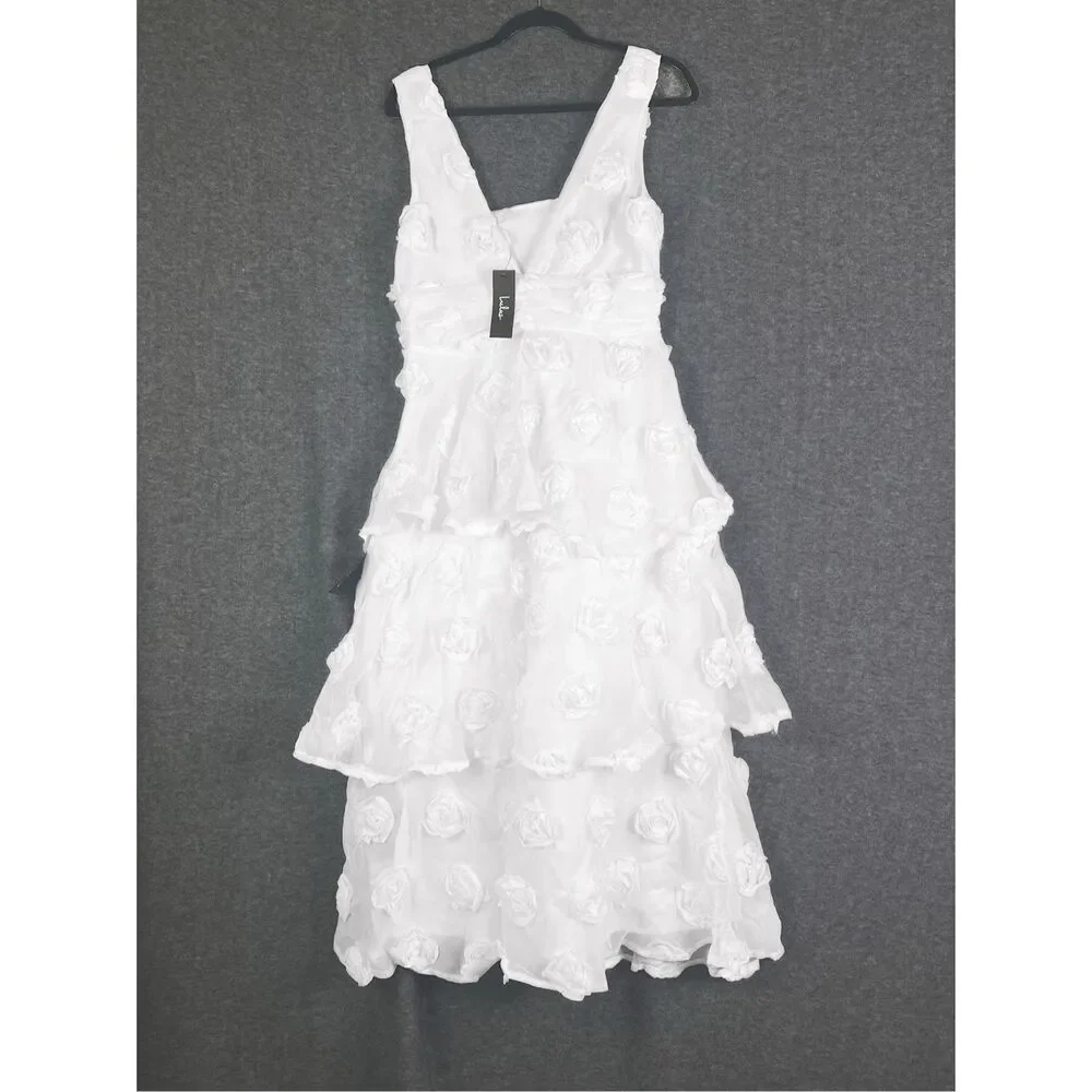 Lulus Exceptional Entrance White Sleeveless Tiered Rosette Midi Dress Size M NWT - Picture 6 of 11